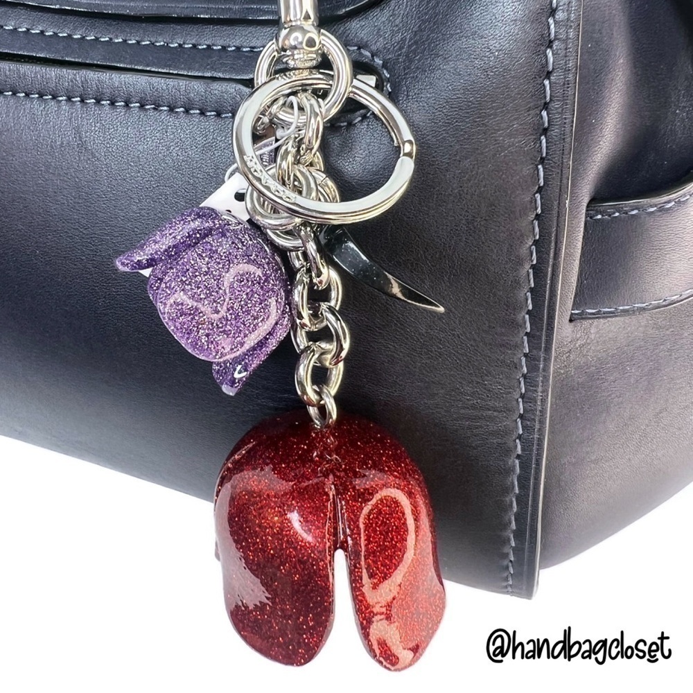 COACH GLITTER RESIN TEA ROSE BAG CHARM F58514 SILVER RED PURPLE TULIP KEYCHAIN - Picture 2 of 11